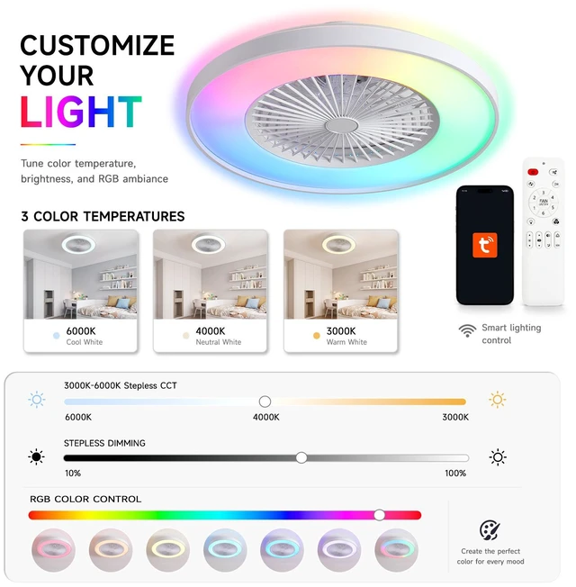 Alt view image 2 of 7 - 24 Inch RGB Bladeless Ceiling Fan, Low Profile Ceiling Fan with App Voice Remote Control Speed Quiet Motor Dimmable