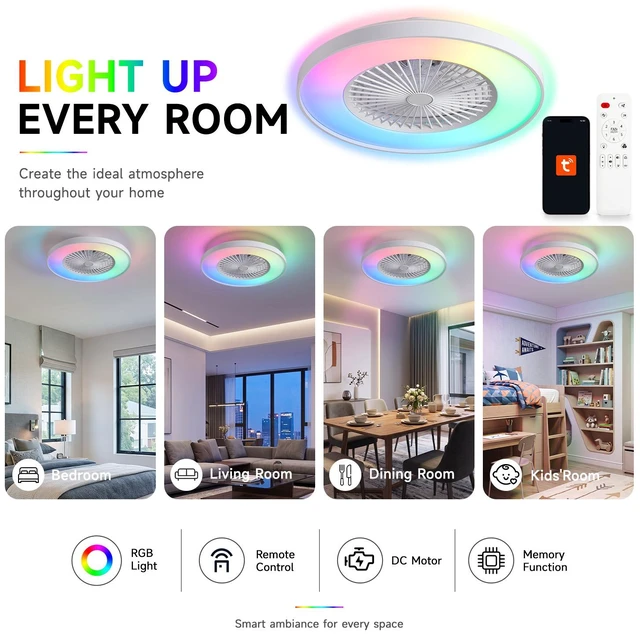Alt view image 3 of 7 - 24 Inch RGB Bladeless Ceiling Fan, Low Profile Ceiling Fan with App Voice Remote Control Speed Quiet Motor Dimmable