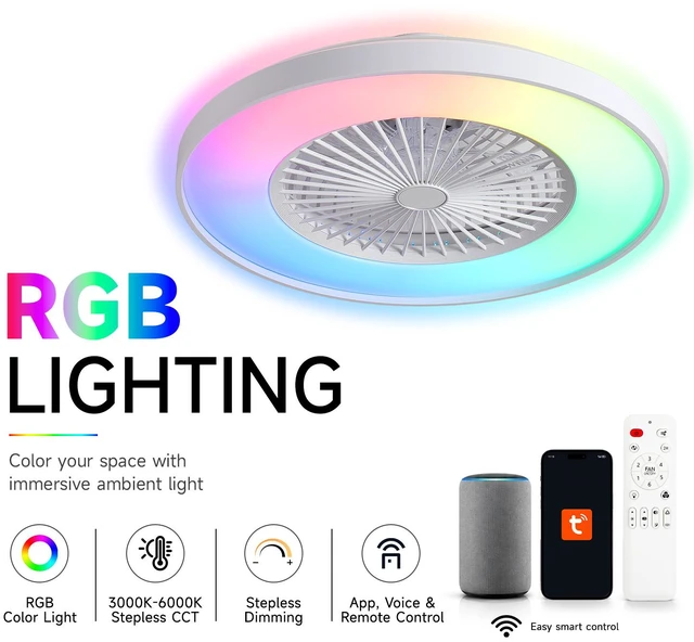 Alt view image 7 of 7 - 24 Inch RGB Bladeless Ceiling Fan, Low Profile Ceiling Fan with App Voice Remote Control Speed Quiet Motor Dimmable