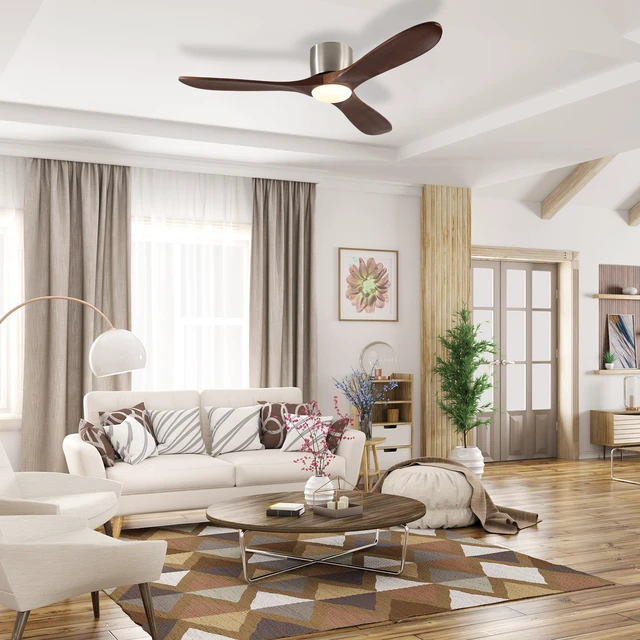Alt view image 3 of 7 - 52 Inch Ceiling Fan, 3 Light Blades Remote Control Reversible Motor for Living, Nickel Sand Walnut, Wood and Metal