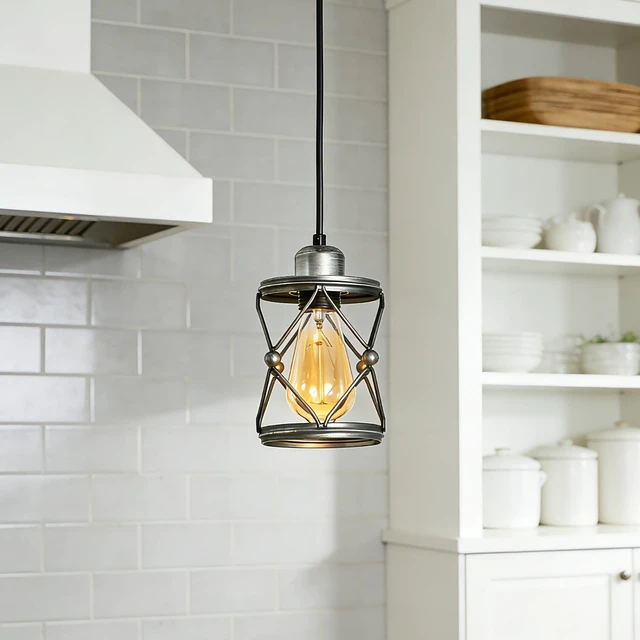 Main image of Mini Cage Pendant, Adjustable Kitchen Island Dining Entryway Lamp, Silver, Glass, Lighting Lamps