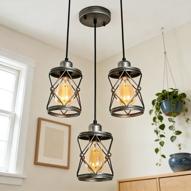 Alt view image 3 of 7 - Mini Cage Pendant, Adjustable Kitchen Island Dining Entryway Lamp, Silver, Glass, Lighting Lamps