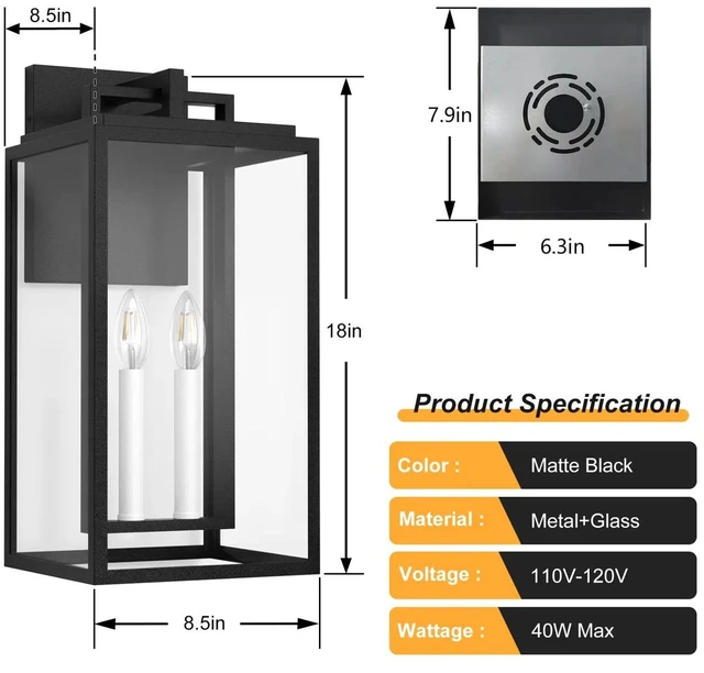 Alt view image 4 of 7 - 2 Light 18 Inch and Base Outdoor Wall with Tempered Glass Not Included Bulbs, Black, Glass and Metal, Outdoor Lighting