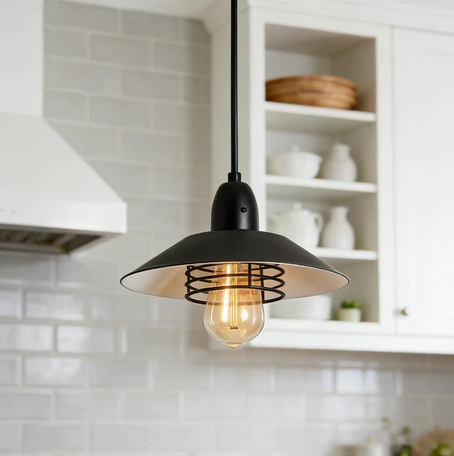 Main image of Pendant, Spring Frame Adjustable Metal Hanging Lamp for Kitchen Island Barn Entry, Black, Glass, Lighting Lamps