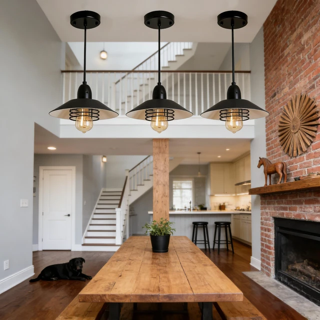 Alt view image 4 of 7 - Pendant, Spring Frame Adjustable Metal Hanging Lamp for Kitchen Island Barn Entry, Black, Glass, Lighting Lamps