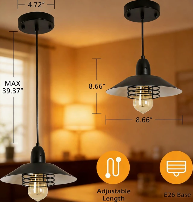 Alt view image 5 of 7 - Pendant, Spring Frame Adjustable Metal Hanging Lamp for Kitchen Island Barn Entry, Black, Glass, Lighting Lamps