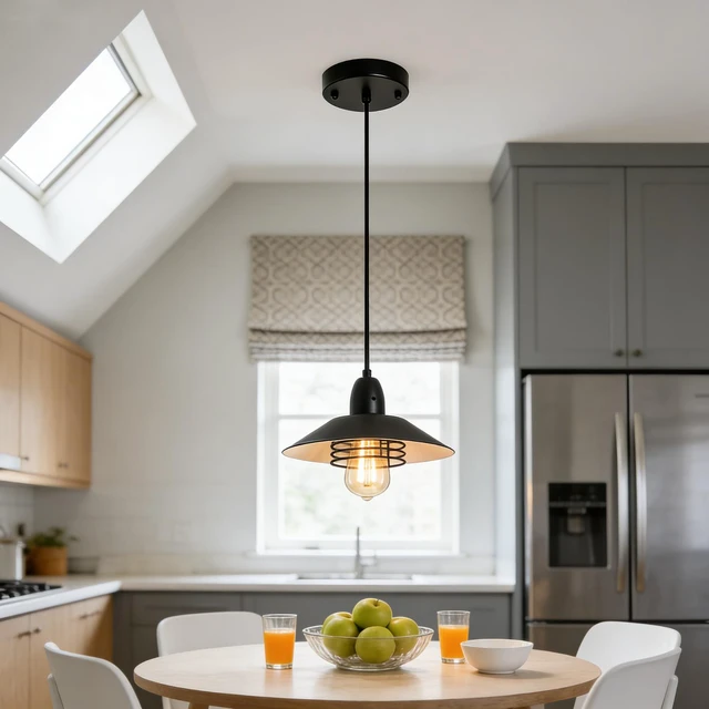 Alt view image 2 of 7 - Pendant, Spring Frame Adjustable Metal Hanging Lamp for Kitchen Island Barn Entry, Black, Glass, Lighting Lamps