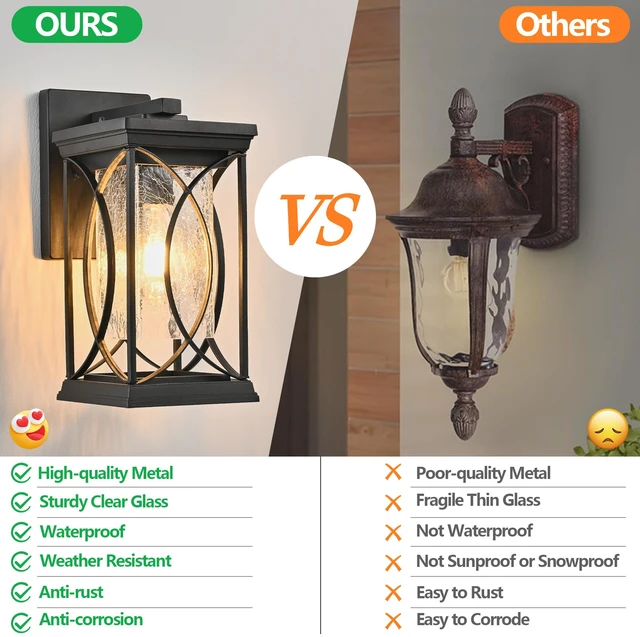 Alt view image 6 of 7 - Pack Outdoor Wall Lantern with Crackled Glass, Weather Resistant Exterior Fixture for Patio and Entryway Decorative