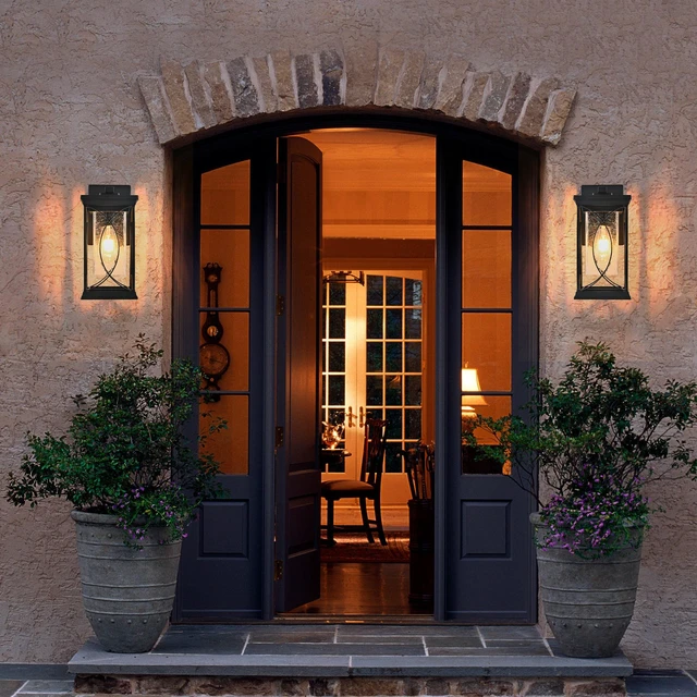 Alt view image 2 of 7 - Pack Outdoor Wall Lantern with Crackled Glass, Weather Resistant Exterior Fixture for Patio and Entryway Decorative
