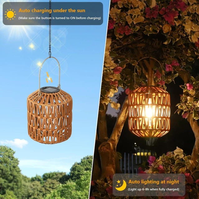 Alt view image 3 of 7 - Pack Solar Lanterns Outdoor Waterproof, Rattan Solar Lights for Yard Outdoor Garden Lights Hanging Lanterns Decorative