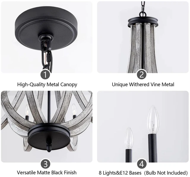 Alt view image 7 of 7 - 35.04 Inch 8 Light and Withered Vine Metal Chandelier, Bulb Not Included, Black, Iron, Lighting Lamps