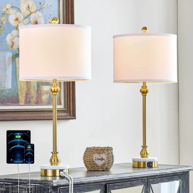 Alt view image 2 of 7 - 28.5 Inch Marble Table Lamp with USB and Type Ports Tall Dining Lamp for Living Set Not Included Bulbs, Polished