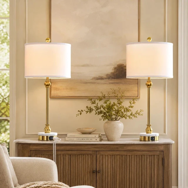 Main image of 28.5 Inch Marble Table Lamp with USB and Type Ports Tall Dining Lamp for Living Set Not Included Bulbs, Polished