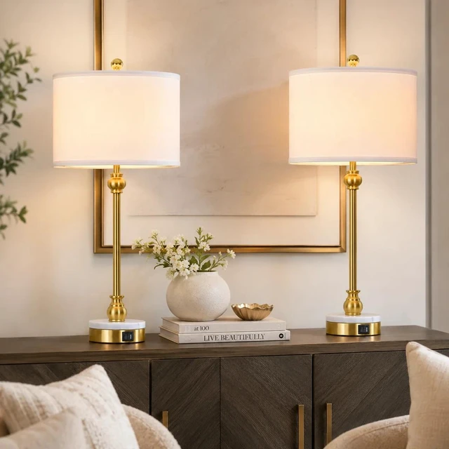 Alt view image 6 of 7 - 28.5 Inch Marble Table Lamp with USB and Type Ports Tall Dining Lamp for Living Set Not Included Bulbs, Polished