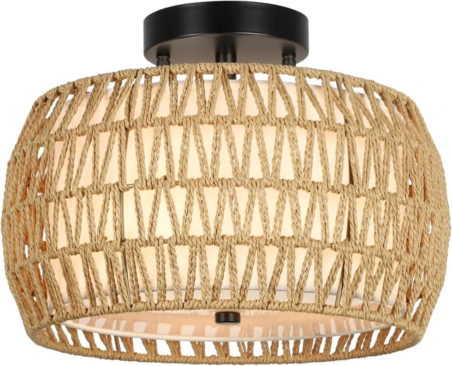 Main image of Fixtures Ceiling Mount, Rattan Semi Flush Mount Ceiling Fixtures with Fabric Shades Kitchen Close for Living, Brown
