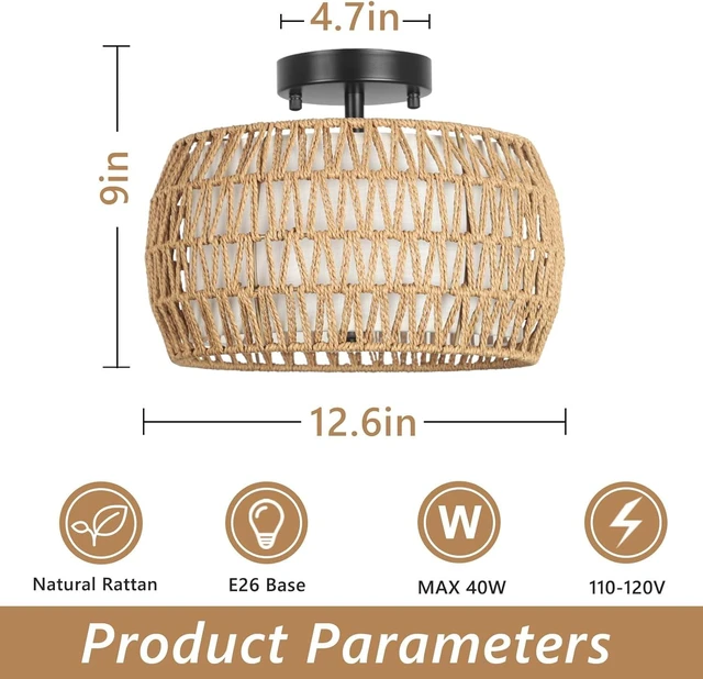 Alt view image 2 of 7 - Fixtures Ceiling Mount, Rattan Semi Flush Mount Ceiling Fixtures with Fabric Shades Kitchen Close for Living, Brown
