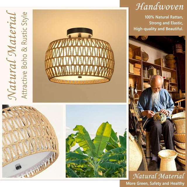 Alt view image 4 of 7 - Fixtures Ceiling Mount, Rattan Semi Flush Mount Ceiling Fixtures with Fabric Shades Kitchen Close for Living, Brown