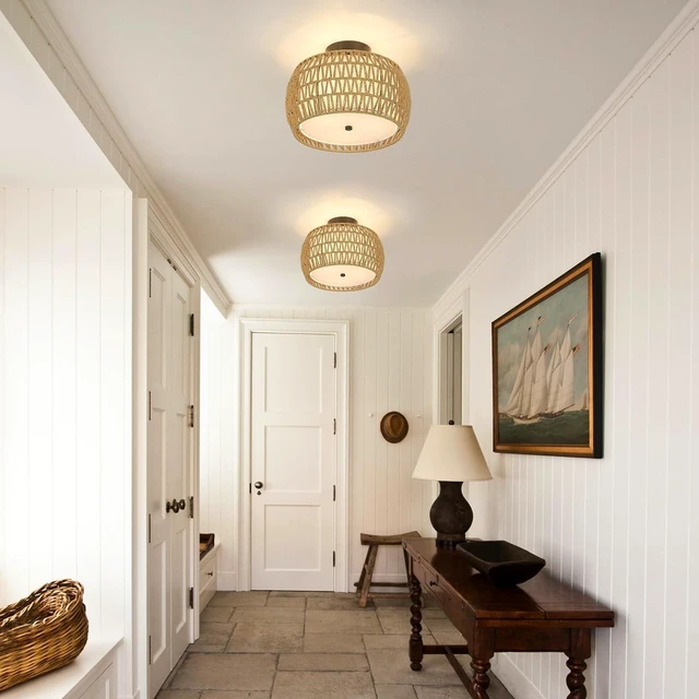 Alt view image 7 of 7 - Fixtures Ceiling Mount, Rattan Semi Flush Mount Ceiling Fixtures with Fabric Shades Kitchen Close for Living, Brown
