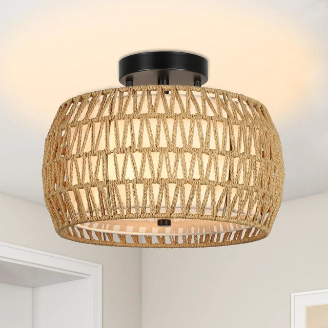 Alt view image 5 of 7 - Fixtures Ceiling Mount, Rattan Semi Flush Mount Ceiling Fixtures with Fabric Shades Kitchen Close for Living, Brown
