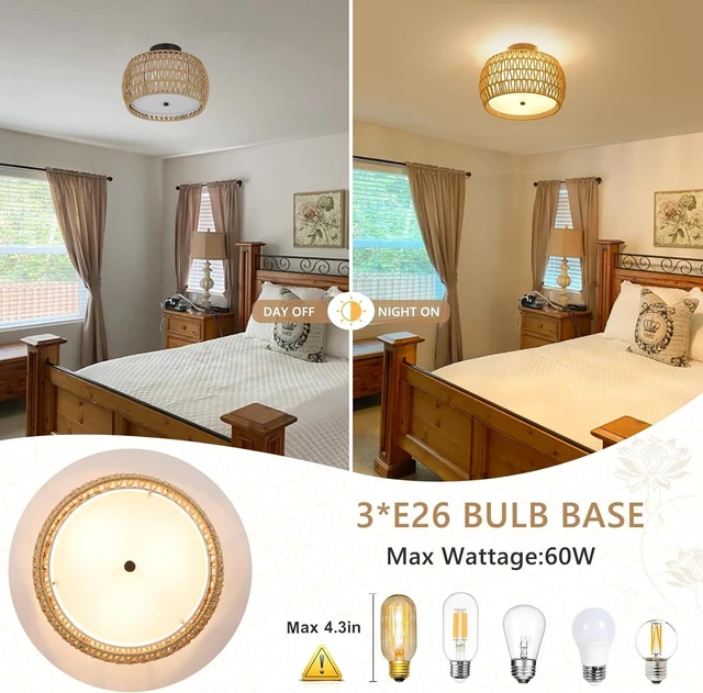 Alt view image 6 of 7 - Fixtures Ceiling Mount, Rattan Semi Flush Mount Ceiling Fixtures with Fabric Shades Kitchen Close for Living, Brown