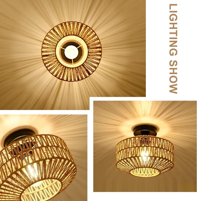 Alt view image 3 of 7 - Fixtures Ceiling Mount, Mini Rattan Chandelier Fixture with Dimmable LED Bulb Hand Woven Ceiling Flush Mount