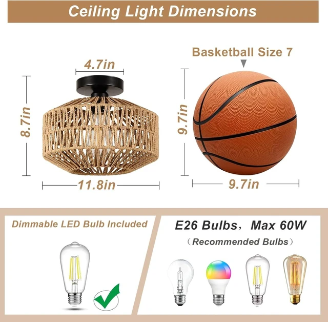 Alt view image 5 of 7 - Fixtures Ceiling Mount, Mini Rattan Chandelier Fixture with Dimmable LED Bulb Hand Woven Ceiling Flush Mount