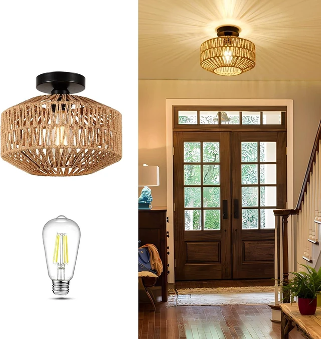 Alt view image 4 of 7 - Fixtures Ceiling Mount, Mini Rattan Chandelier Fixture with Dimmable LED Bulb Hand Woven Ceiling Flush Mount