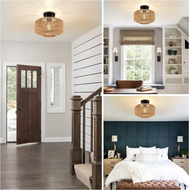 Alt view image 7 of 7 - Fixtures Ceiling Mount, Mini Rattan Chandelier Fixture with Dimmable LED Bulb Hand Woven Ceiling Flush Mount