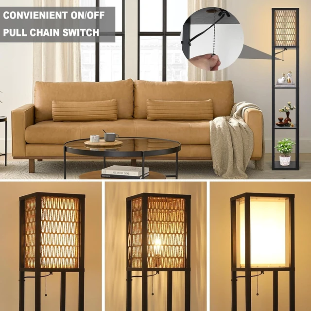 Alt view image 3 of 7 - Floor Lamp with Shelves, Corner Floor Lamps for Living with LED Bulb and Double Shades Rattan Standing for Shelf Tall
