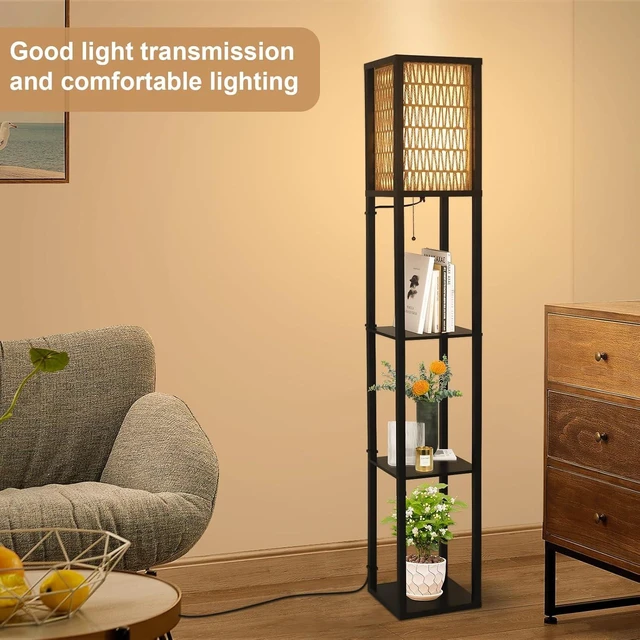 Alt view image 4 of 7 - Floor Lamp with Shelves, Corner Floor Lamps for Living with LED Bulb and Double Shades Rattan Standing for Shelf Tall