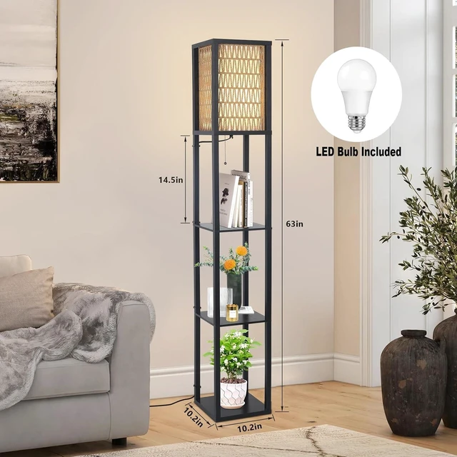 Alt view image 2 of 7 - Floor Lamp with Shelves, Corner Floor Lamps for Living with LED Bulb and Double Shades Rattan Standing for Shelf Tall