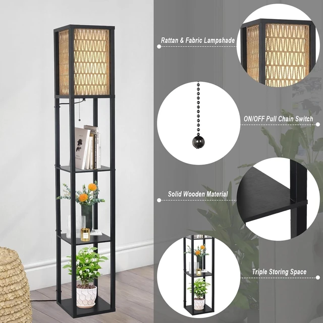 Alt view image 5 of 7 - Floor Lamp with Shelves, Corner Floor Lamps for Living with LED Bulb and Double Shades Rattan Standing for Shelf Tall