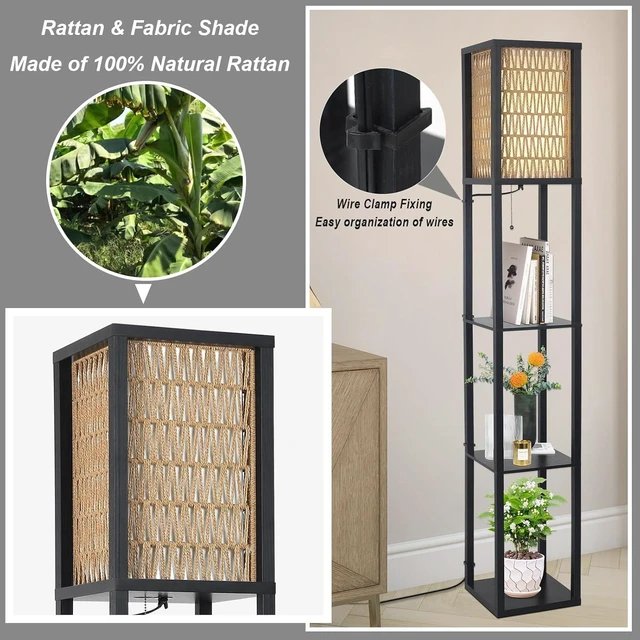 Alt view image 6 of 7 - Floor Lamp with Shelves, Corner Floor Lamps for Living with LED Bulb and Double Shades Rattan Standing for Shelf Tall