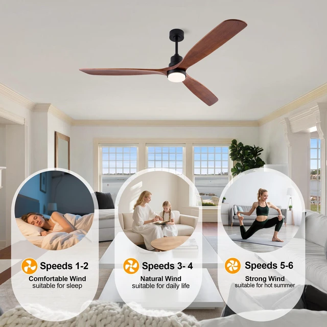 Alt view image 2 of 7 - 72 Inch Ceiling Fan with LED, Blade Wooden Fan Motor Speed and Timer Iron for Large Living Indoor, Black, Solid Wood