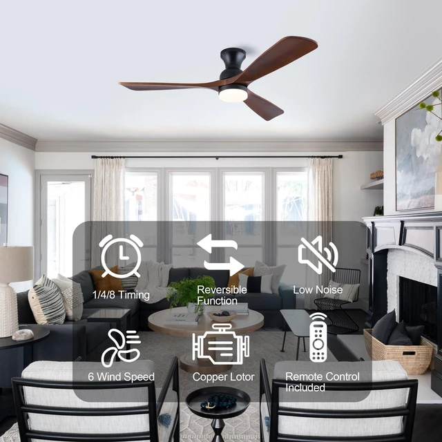 Alt view image 3 of 7 - 52 Inch Ceiling Fan with LED, Solid Blades Reversible Motor Remote Control Ceiling Fan for Living Indoor, Black, Solid