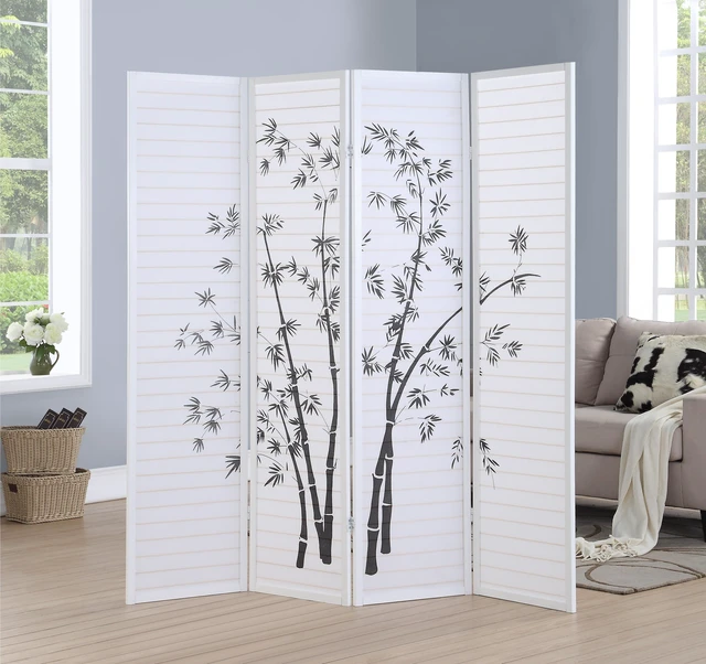 Main image of Bamboo Print 4 Panel Framed Screen Divider, White, Wood and Paper