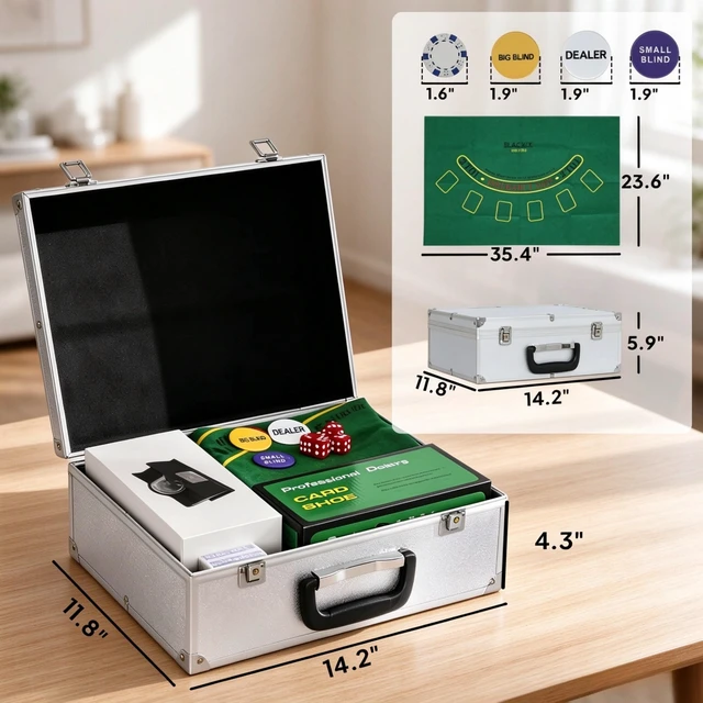 Alt view image 2 of 7 - Casino Poker Chip Set Aluminum Case, Card Shuffler Chips Decks Dealer Button for Texas Holdem Blackjack Only Casino