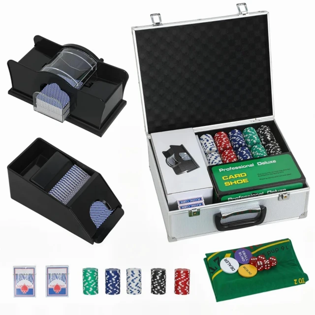 Alt view image 4 of 7 - Casino Poker Chip Set Aluminum Case, Card Shuffler Chips Decks Dealer Button for Texas Holdem Blackjack Only Casino