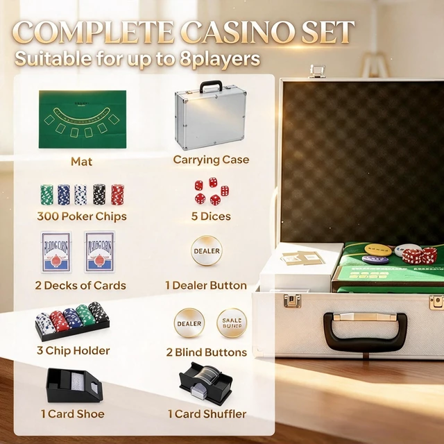 Alt view image 6 of 7 - Casino Poker Chip Set Aluminum Case, Card Shuffler Chips Decks Dealer Button for Texas Holdem Blackjack Only Casino