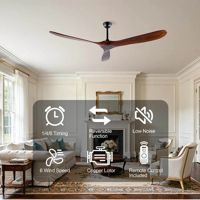 Alt view image 7 of 7 - 72 Inch Ceiling Fan with Solid Blades, Reversible Quiet Motor Remote Control Ceiling Fan for Large Living Villa Indoor