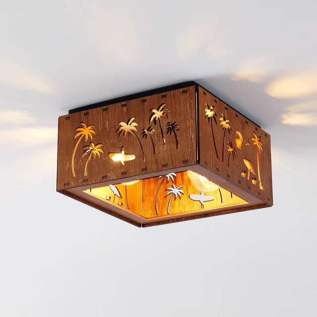 Main image of 2 Light Ceiling, Flush Mount Ceiling with Metal and Square Fixture for Kitchen Entryway, Wood, Iron, Living