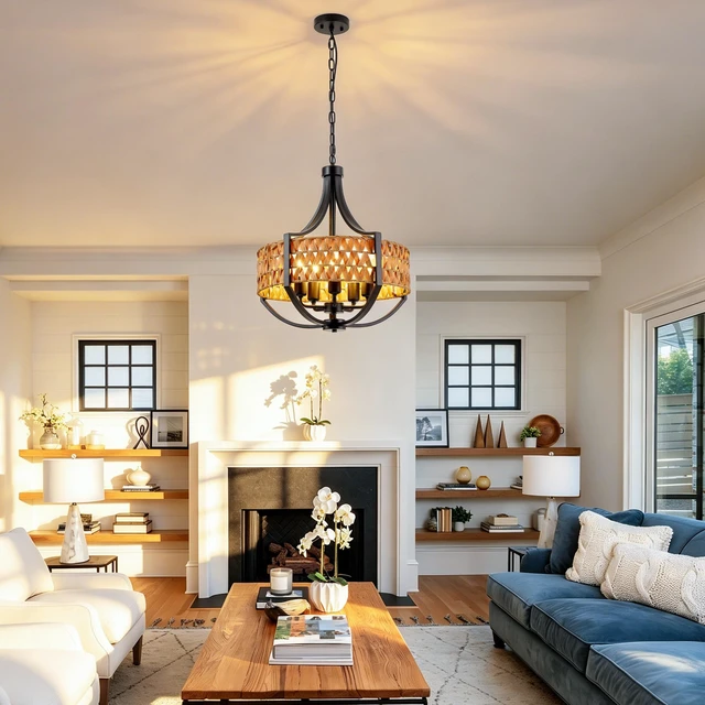 Alt view image 4 of 7 - 19.7 Inch Rattan Chandelier, 5 Light Chandelier with Woven Reed Shade Hanging Ceiling Pendant for Dining Living, Black