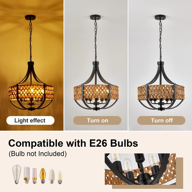 Alt view image 5 of 7 - 19.7 Inch Rattan Chandelier, 5 Light Chandelier with Woven Reed Shade Hanging Ceiling Pendant for Dining Living, Black