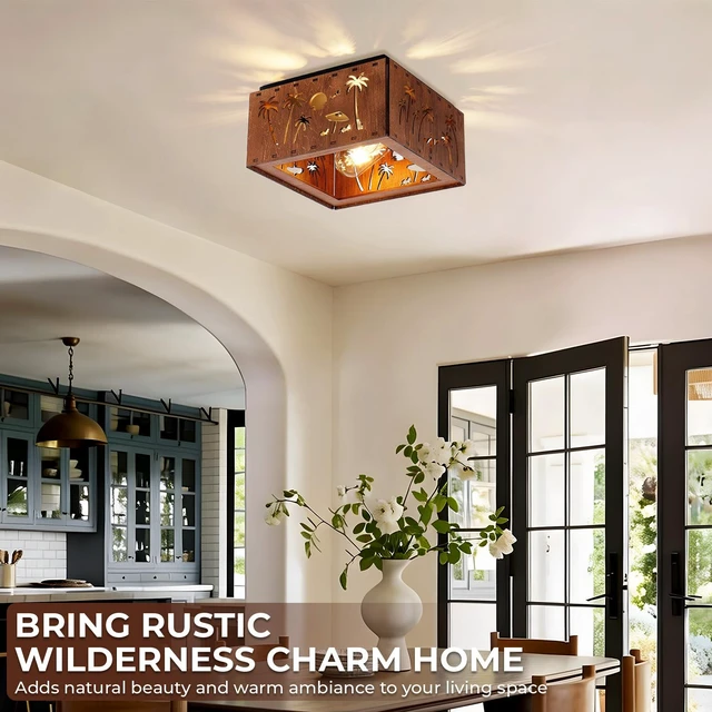 Alt view image 2 of 7 - 2 Light Ceiling, Flush Mount Ceiling with Metal and Square Fixture for Kitchen Entryway, Wood, Iron, Living