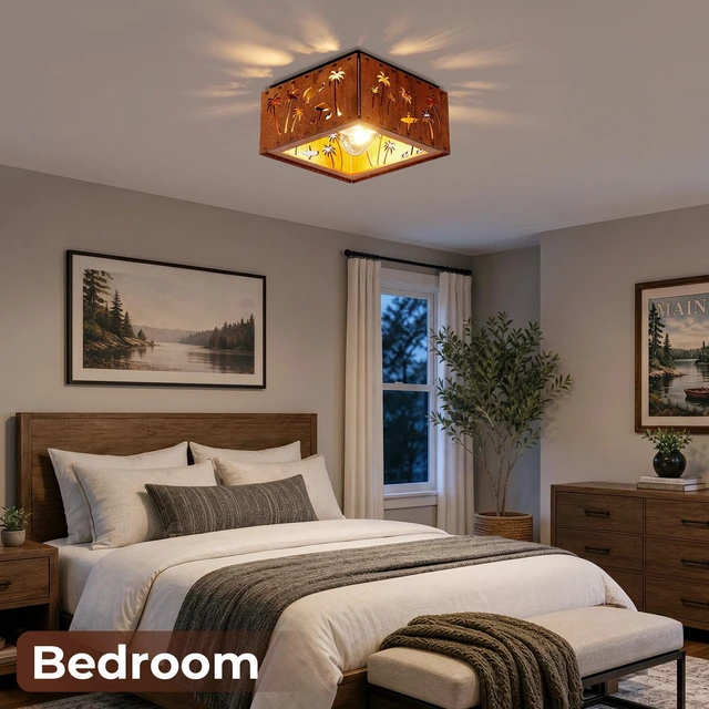 Alt view image 4 of 7 - 2 Light Ceiling, Flush Mount Ceiling with Metal and Square Fixture for Kitchen Entryway, Wood, Iron, Living