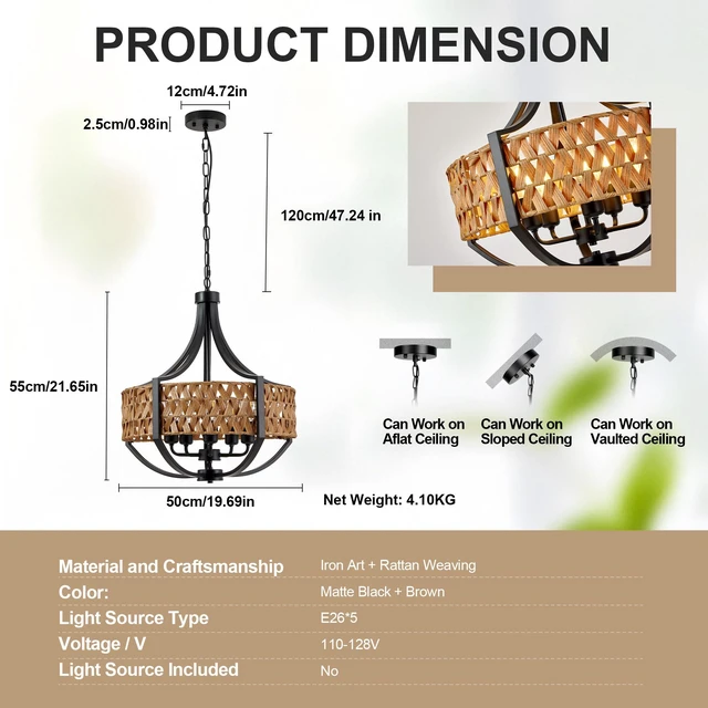 Alt view image 7 of 7 - 19.7 Inch Rattan Chandelier, 5 Light Chandelier with Woven Reed Shade Hanging Ceiling Pendant for Dining Living, Black