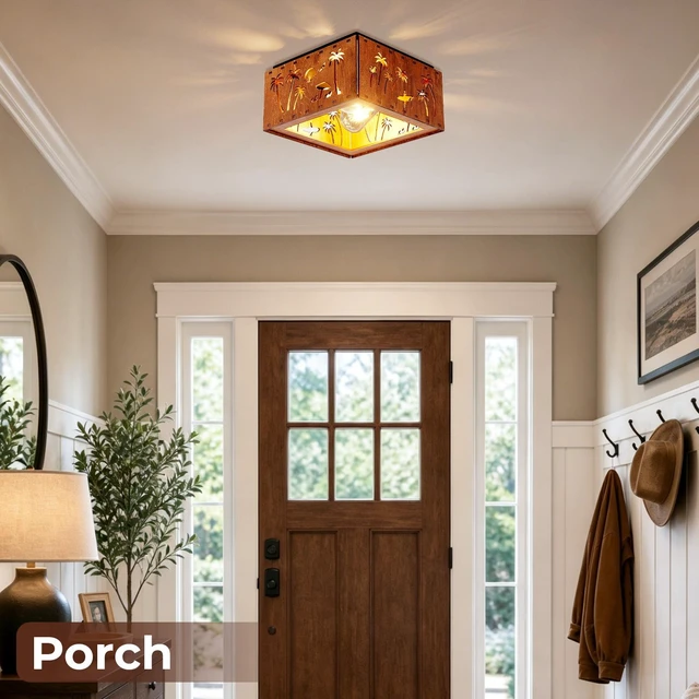 Alt view image 3 of 7 - 2 Light Ceiling, Flush Mount Ceiling with Metal and Square Fixture for Kitchen Entryway, Wood, Iron, Living
