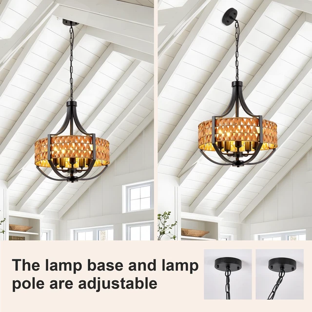 Alt view image 6 of 7 - 19.7 Inch Rattan Chandelier, 5 Light Chandelier with Woven Reed Shade Hanging Ceiling Pendant for Dining Living, Black