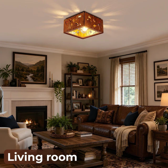Alt view image 5 of 7 - 2 Light Ceiling, Flush Mount Ceiling with Metal and Square Fixture for Kitchen Entryway, Wood, Iron, Living