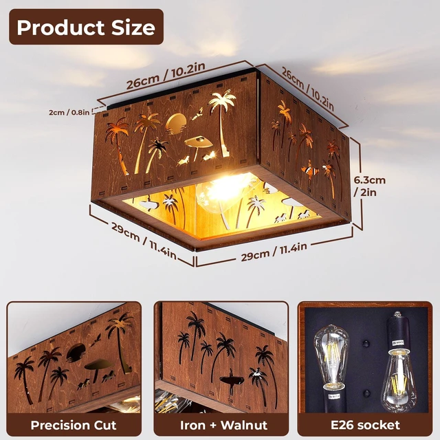 Alt view image 6 of 7 - 2 Light Ceiling, Flush Mount Ceiling with Metal and Square Fixture for Kitchen Entryway, Wood, Iron, Living